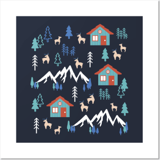 Winter Night Deer Forest Cabin II Posters and Art